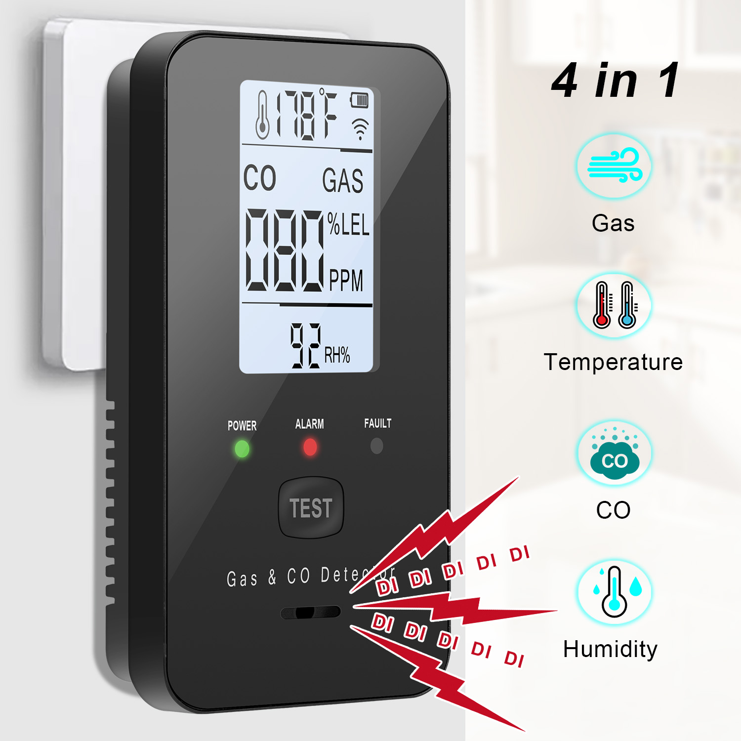 Home Cooking Gas - Aardgas- en koolmonoxidedetector, plug-in koolmonoxidemelder, propaan,
